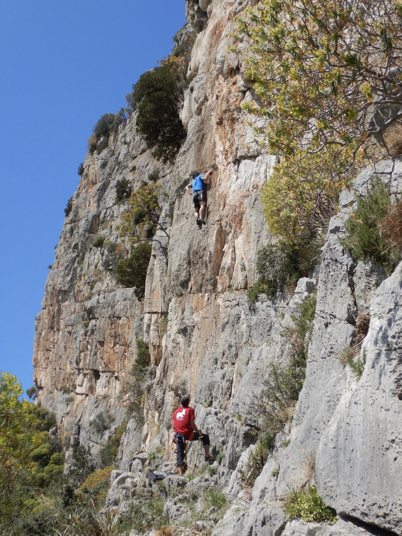 Due scalatori su una parete di roccia: uno è in arrampicata, l'altro lo assicura da sotto